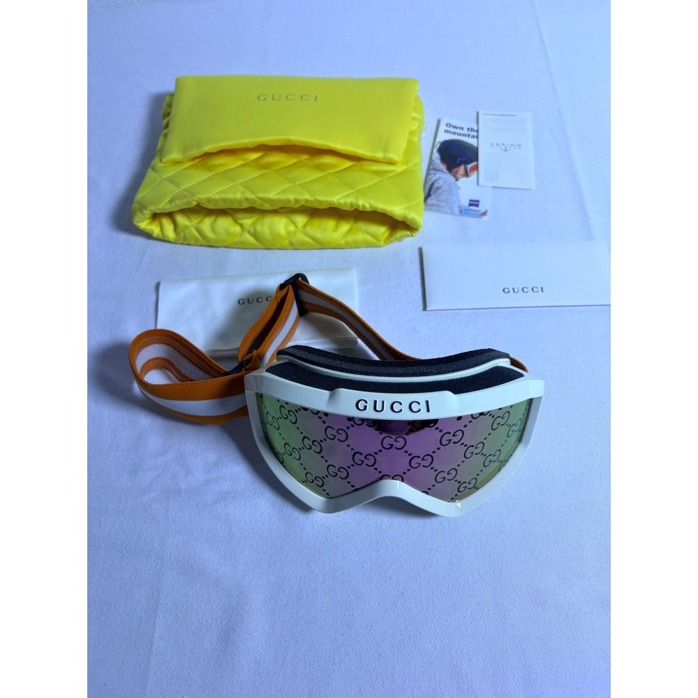 Gucci Ski Goggles OS White New GG Monogram Mirrored Lens Striped Strap GG0049S